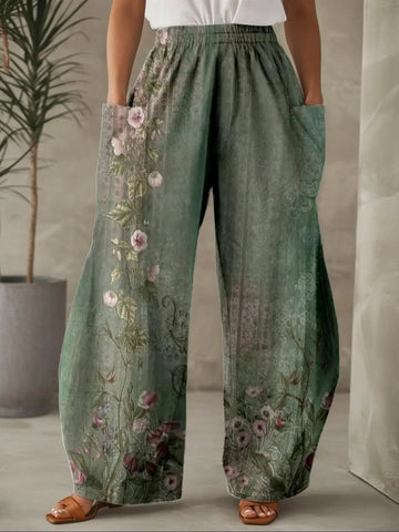 Plus Size 1XL-5XL Women Floral Printed Pleated Wide Leg High Waisted Pants Female Casual Pocket Loose Long Trousers