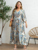 Plus Size Women's Blue-Brown Ethnic Paisley Print V-Neck Half Sleeve Tie Waist Dress