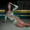 Sexy Gradient Color Irregular Ribbon Dresses Woman Deep V Long Sleeve Shirring Bodycon Dress Elegant Party Clubwear