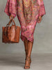 Women's Vintage Elegant Printed High Neck Kaftan Dress Long Sleeves Loose Elegant Evening Midi Dresses Robe