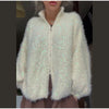 Women Sequined Fluffy Knit Cardigan Zip Up Stand Collar Loose Long Sleeve Sweater Jacket Autumn Party Casual Outerwear