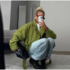 Autumn Women's Green Suede Short Jacket Loose Lapel Zipper Long Sleeve Bomber Coat Female Lady High Street Outwears