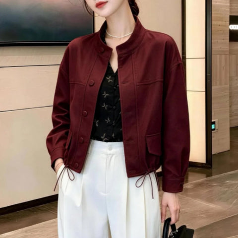 Women's Autumn Stand Collar Short Jacket Thin Casual Long Sleeve Crop Top Loose Coat Elegant Solid Color Simple Workwear