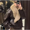 Ladies Winter Retro Fur Collar Leather Jacket V‑Neck Full Lapel Long Sleeve Double Breasted Urban Warm Casual Outer