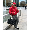 Women Brown Drawstring Waist Puffer Jacket Stand Collar Warm Cotton Padded Coat Casual Oversized Winter Parka Outerwear
