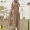 Autumn Women Long Vestidos Muslim O Neck Islamic Hijab Casual Loose Maxi Dress Tiered Long Sleeve Abaya Robes