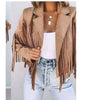 Womens Vintage Lapel Long Sleeve FringeCropped Hippie Motor Biker Cardigan OutwearsFaux Suede Tassel Jacket