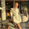 Solid Cinched-waist Mini Dress Women Casual V-neck Full Sleeve Shoulder Pads A-line Vestidos Lady Chic Party Street Gowns