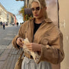 Solid Single Breasted Suede Short Jacket Women Full Sleeve Buckle Lapel Slim Shoulder Pad Coat Lady High Street Wear