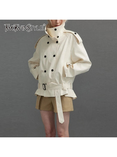 Loose Spliced Lace Up Trenchs for Women Stand Neck Long Sleeves Patchwork Double Breasted Trench Female