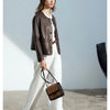 Women's Autumn Clothing European Sheepskin Casual O-Neck Single-Breasted Coffee Litchi Stria Genuine Leather Jacket