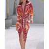 Women Vintage Baroque Print Long Sleeve Bodycon Dress Casual Plunge V Neck Ruched Slim Fit Midi Dress Party Elegant Wear