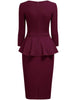 Women Vintage 2/3 Sleeve Crew Neck Zip Up Peplum Knee Length Cocktail Party Work Business Casual Sheath Bodycon Pencil Dress