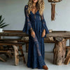 Deep V Neck Embroidery Lace Woman Dress Spring Hollow Out High Waist Crochet Dresses Autumn Flare Sleeve Jacquard Long Dress