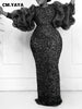 Women Bodycon Full Lantern Sleeve Maxi Long Dress Vintage Sequined O-neck Birthday Sexy Club Party Evening Dresses