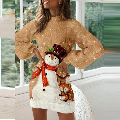 Vintage Christmas Printing Women Party Dress Autumn Half High Collar Lantern Long Sleeve Dresses Lady Bodycon Vestidos