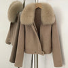 Winter Outerwear Women Cropped 100% Pure Wool Jacket Oversized Real Fox Fur Collar Zip Up Short Wool Coat Female