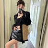 Original Design Blazer Women Loose Spliced Pocket Korean Shrug Notched Single Breasted Blazer Mujer Femal with Belt