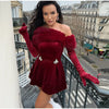 Fur Paneled Off-Shoulder Rhinestone Mini Dress Burgundy Velvet Pleated Evening Elegant Women Dresses Party Chic Lady Gown