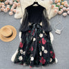 Senior Knitted Patchwork Dress Long Lantern Sleeves Bow Mesh Embroidery Floral Women Autumn France Elegant Party Dress
