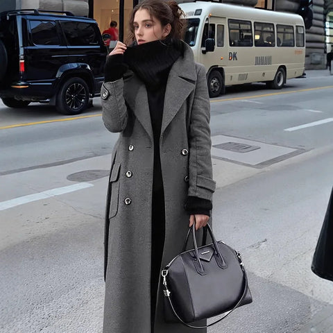 Autumn and Winter Temperament Commuter Suit Collar Double-Breasted Long Woolen Coat Trench Coat for Women