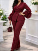 Women Two Piece Suit Notched Lapel Ruffle Flare Long Sleeve Blazer High Waist Straight Leg Pants Office Business Church Autumn