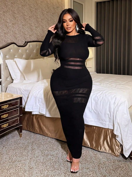 Women's Sexy Long Sleeve Midi Dress Sheer Mesh Stripe Pattern Patchwork Bodycon Party Dress Club Evening Outfit