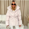 Lace Up Hooded Cotton Coat Women Casual Stand Collar Single Breasted Pocket Loose Warm Coats Lady Winter Street Outwear
