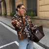 Women Chic Cropped Leopard Faux Fur Coat Contrast Black Fur Collar Cuff Button Short Furry Coats Lady Winter Chic Streetwear