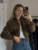 Vintage Cropped Women's Bomber Jacket Coat Faux Suede Stand Collar Short Outerwear High Street Female Casual Work Outfit