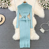 Turtleneck Sexy Wrap Hips Knitted Dresses Women Autumn Winter Long Sleeve Bodycon Sweater Dress with Belt