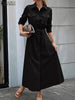 Women Autumn Cargo Maxi Long Dresses Casual Long Sleeve Pockets Belted Collared Shirt Dress Commuting Workwear S-3XL