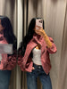 Women Dusty Pink Faux Suede Cropped Jacket Chic Full Zip Stand Collar Elastic Hem Short Coat Autumn Casual Street Outwear