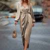 Elegant Women's Maxi Dress With Cross Neckline Folded Pleats Slit Bubble Sleeves Irregular Long Sleeves Dress Autumn
