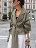 Women's Lace Up Cropped Trench Coat Lapel Long Sleeve Solid Loose Jacket Autumn Winter Female Street Outerwear