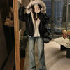 Winter Thick Warm Fleece Hooded Jacket Women Korean Loose Zipper Leather Coats Chic Full Faux Fur Lined Bomber Outerwear