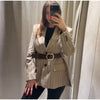 Women's Striped Blazer Belted Single Breasted Long Sleeve Lapel Neck Coat Female Casual Daily Commute Office Jacket
