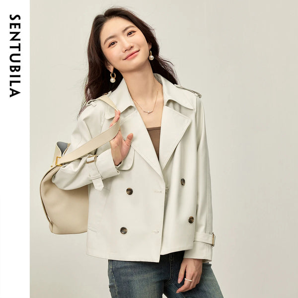 Women Cropped Trench Coat Spring Fall Double-Breasted Outerwear Adjustable Sleeve Tab Short Jacket W53FB2569