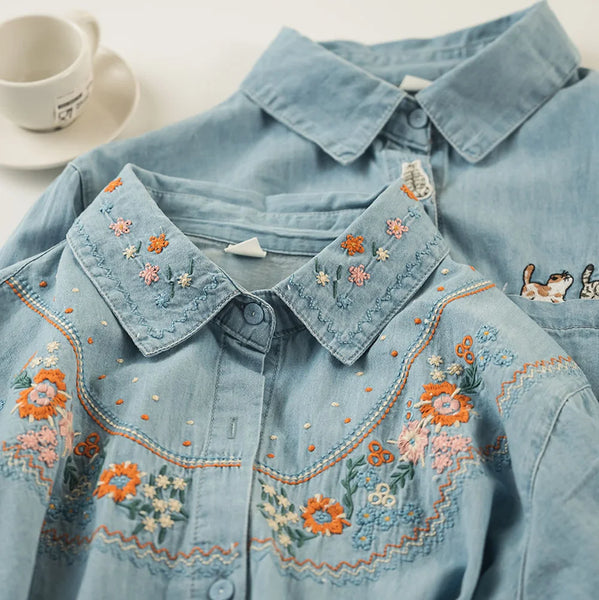 Harajuku Cotton Denim Spring Blouses Long Sleeve Women's Embroidered Shirts Pretty Blouses Woman Jean Shirts