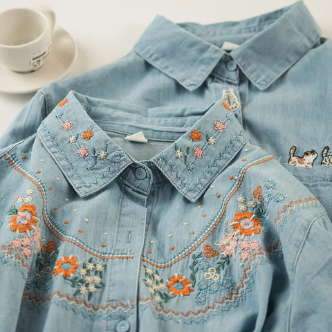Harajuku Cotton Denim Spring Blouses Long Sleeve Women's Embroidered Shirts Pretty Blouses Woman Jean Shirts