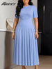 Women's Elegant Pleated Maxi Dress Burgundy O Neck Half Sleeve Fold Flowy A-Line Skirt for Church Weddings Formal Event