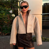 Autumn Women Croc Embossed PU Leather Jacket High Neck Zip Up Oversize Loose Cropped Coat Long Sleeve Street Lady Outerwear