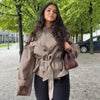 Vintage Plaid Women's Cropped Trench Coat Autumn Lapel Tie Waist Full Sleeve Windbreaker Chic Casual Elegant Jacket