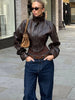 High Street PU Jacket Woman Zip Button Turtleneck Full Sleeve Navel Exposed Girls Motorcycle Style Classic Clothing