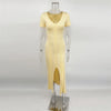 Ribbed Knit Maxi Dress For Women Deep V-Neck Slim High Slit Elegant Patchwork Commute Party Dress Women Knitwear Dress