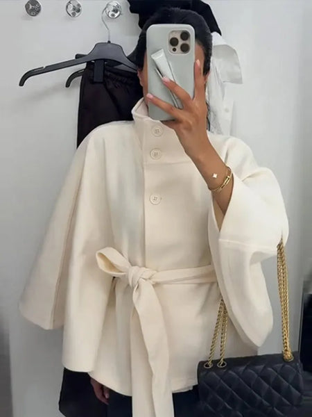 Chic Solid Woolen Cropped Cloak Coats With Belt Women Autumn Stand Collar Long Sleeve Jacket Elegant Street Outerwear