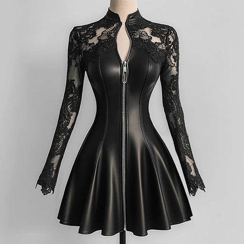 PU Leather Dresses for Women Stand Collar Lace Long Sleeve Zipper Slim Fit Mini Dress Woman Elegant A-Line Dress Streetwear Top