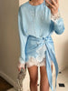 Satin Lace Patchwork Dress Women Long Sleeve O-neck Casual Spring Female Dresses Casual Solid Beach Robe not contain pearls