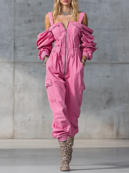 Spring Vintage Denim Jumpsuit Woman Solid Zipper Off-shoulder High Wait Loose Cargo Pants Romper Long Sleeve Overalls