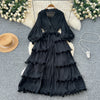 High End Party Ruffles Runway Dresses Women Lantern Sleeve Lace-up Loose Stretch Celebrity Beautiful Long Dress